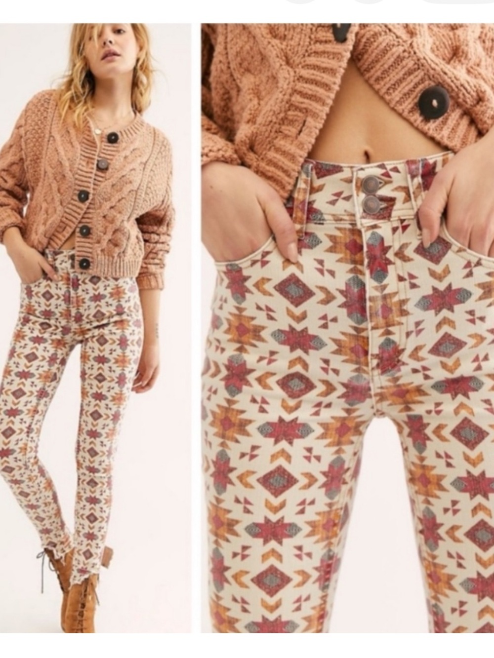 We The Free Aztec-Print Skinny Pants in Cream, Rust & Mustard